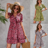 Nina Parker Graffiti Dress Leopard Print Waist Trimming Short-Sleeved Dress