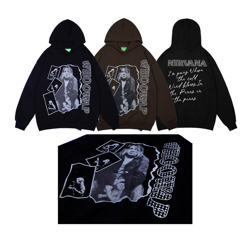 Mens Fall Outfits Street Rock Print Worn Looking Washed-out Hiphop Sweater Men's Women's Hoodie Loose Top