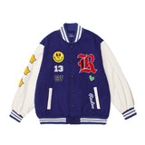 Red Varsity Jacket Vintage Smiling Face Embroidery Hip Hop Baseball Uniform PU Leather Sleeve Hip Hop Jacket