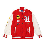 Red Varsity Jacket Vintage Smiling Face Embroidery Hip Hop Baseball Uniform PU Leather Sleeve Hip Hop Jacket