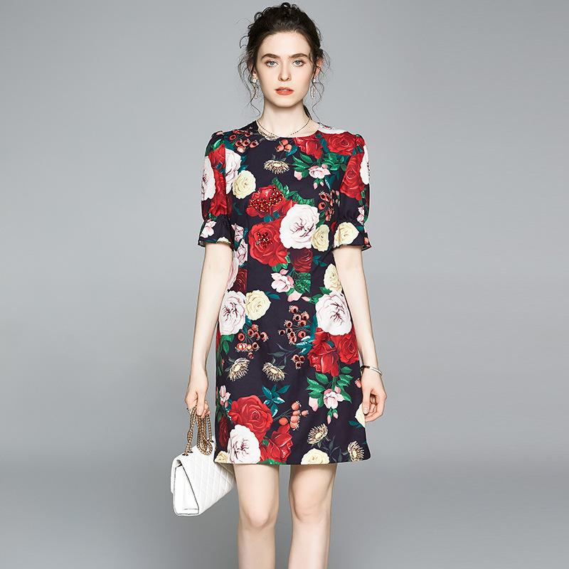 Summer Fashion Runway Peony Printed Short-Sleeved Jumpsuit Flower Print Cottagecore Aesthetic Dress