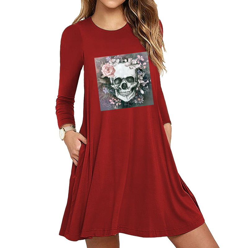Skull Dress Skull Print Long Sleeve Slim Dress for Women