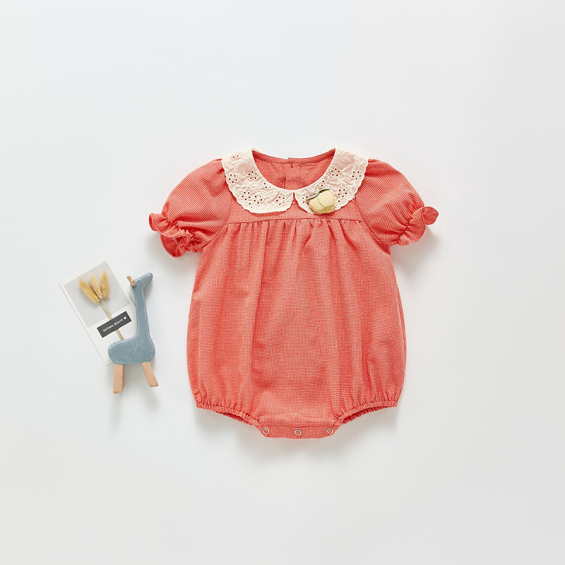 Summer Rompers Plaid Lace Peter Pan Collar Short Sleeve Rompers