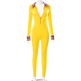 Fall Lapels Plaid Printed Long Sleeve Sexy Tight Trousers Jumpsuit Women