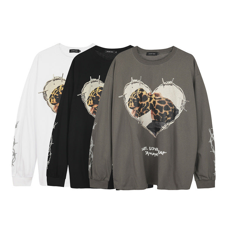 Mens Fall Outfits High Street Personality Portrait Printing Casual Long Sleeve T-shirt Loose Couple Base Top