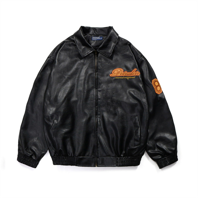 Black Varsity Jacket Men's PU Leather Jacket Autumn Coat Motorcycle Men's Letter Embroidered Complex Cardigan