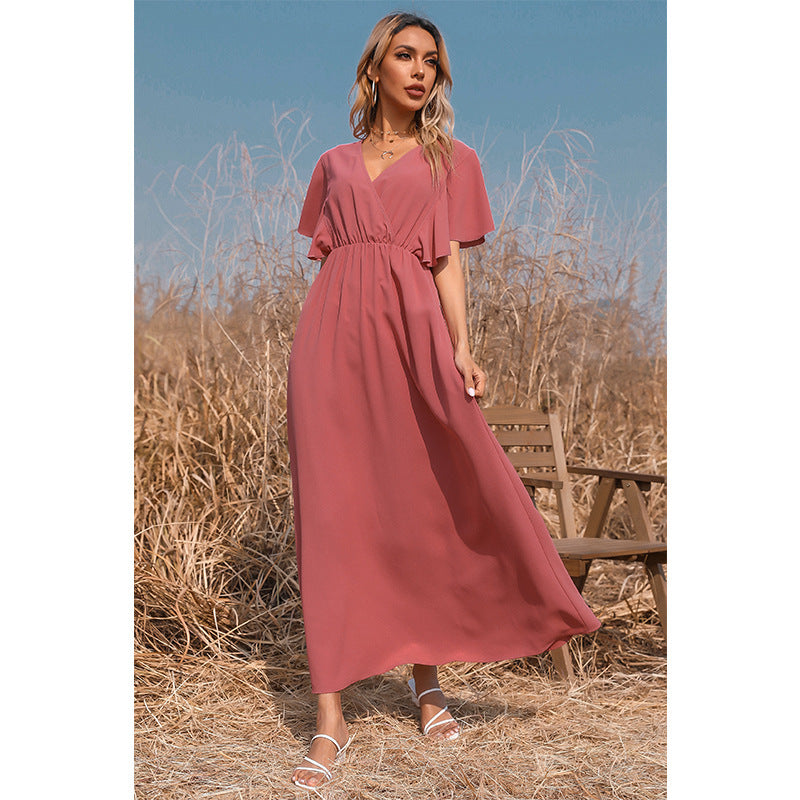 Mauve Dress Summer Short Sleeve Dress Solid Color And V-Neck Dress
