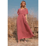 Mauve Dress Summer Short Sleeve Dress Solid Color And V-Neck Dress