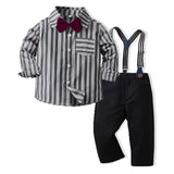 Children Boy Formal Shirt & Suspender Pants 2 Piece Set Autumn Long Sleeve Cotton Cardigan Suspender Trousers