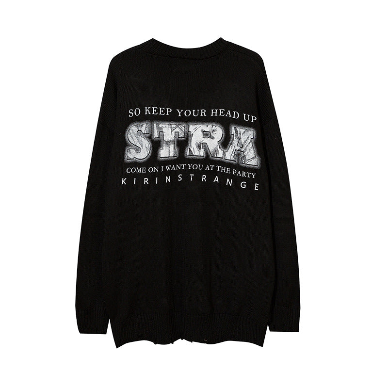 Mens Fall Outfits Sweater Men's Vintage Hiphop Print Loose Street Couple Sweater