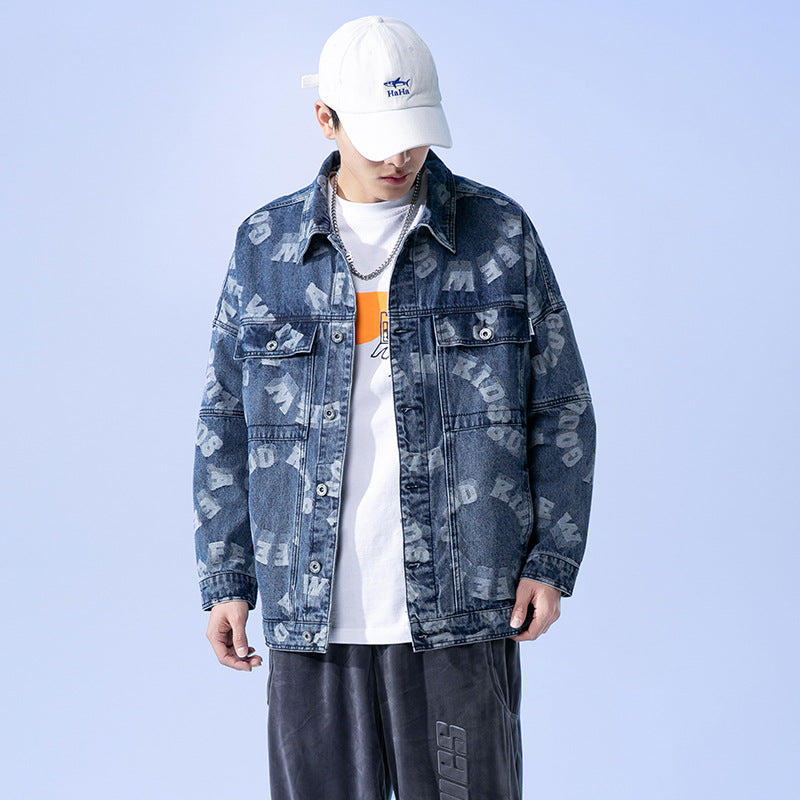 Denim Varsity Jacket Jacquard Denim Jacket Men's Spring and Autumn Loose plus-Sized Size Jacket
