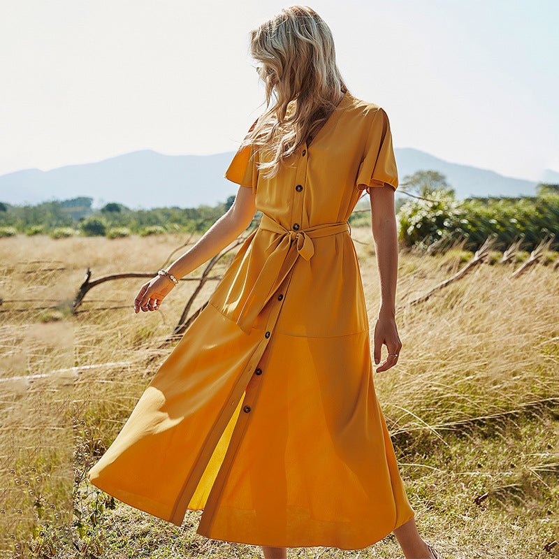 Burnt Orange Dress Spring/Summer A- line Dress Belt V-neck Short Sleeve Dress for Women