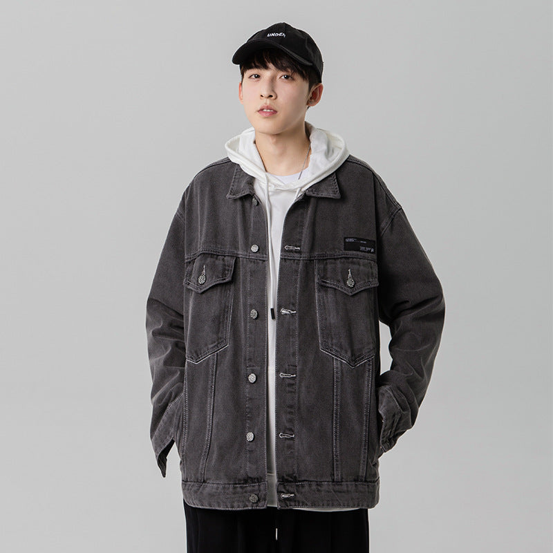 Denim Varsity Jacket Street Retro Loose Denim Jacket Men's Autumn and Winter New Washed Jacket