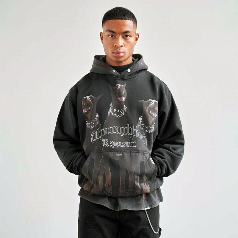 Present Thoroughbred Doberman Dog Print Hoodie Vintage Distressed Loose Hip Hop Hoodie