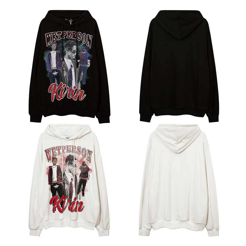 Mens Fall Outfits Rap Figure Printed Hoodie Men and Women Autumn and Winter High Street Vibe