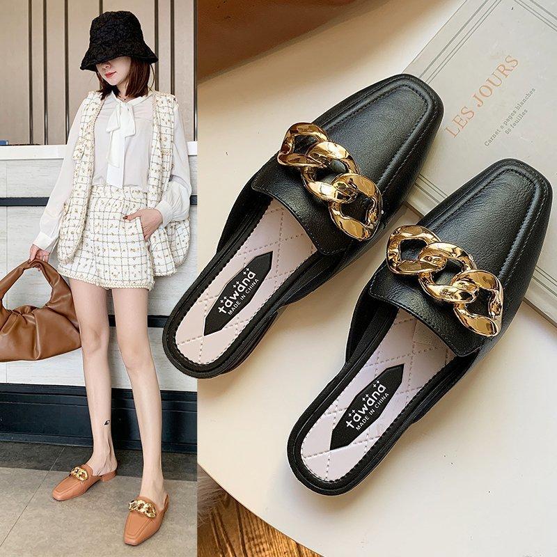 Finn Chain Pointed Toe Mule Shoes Slippers Women's Low Heel Flip-Flops Closed Toe Half Slippers