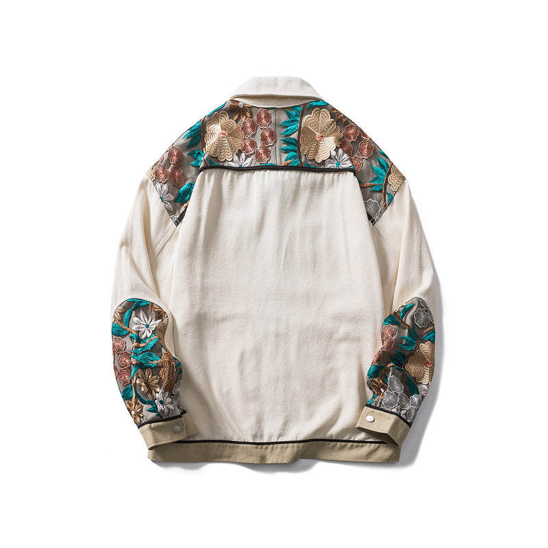 Vintage Letterman Jacket Spring Canvas Stitching Lace Flower Jacket