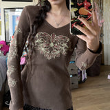 90S Fashion Autumn Retro Style Heart Printing Slim Fit Long-Sleeved T-shirt Thin Sweater