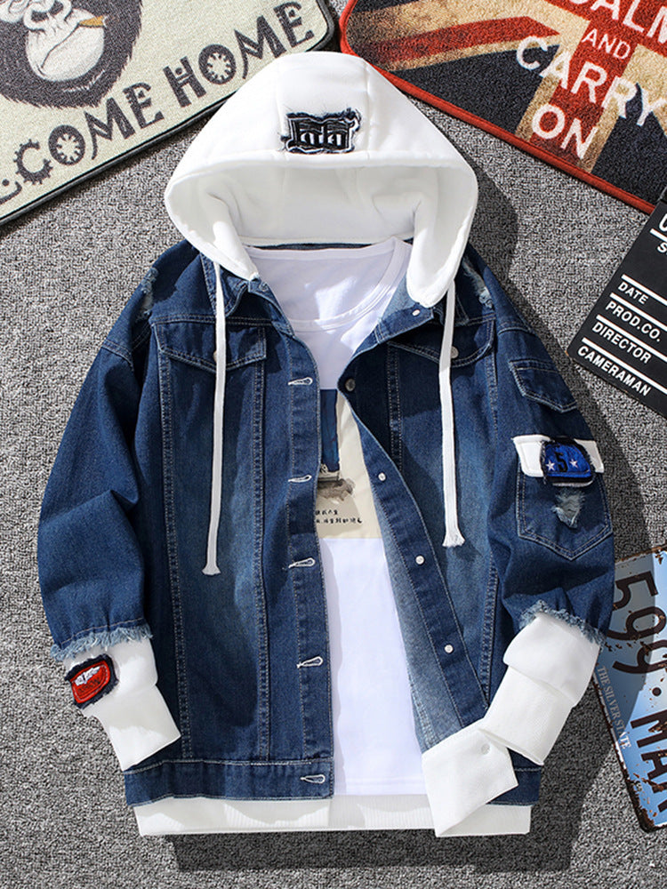 Men Denim Jacket Men's Autumn Hooded Autumn and Winter Baseball Jacket Casual