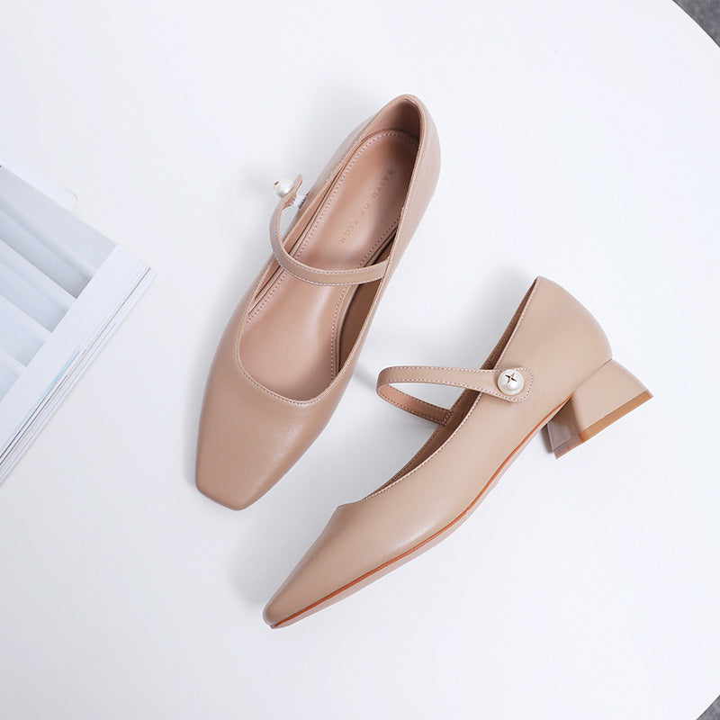 Nude Block Heels Closed Toe Chunky Heel Pumps Spring Concise