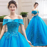 Women's Evening Dress Ball Gown Princess Quinceanera Wedding Dresses Lake Blue Off-Shoulder Evening Gown Pettiskirt