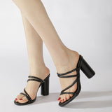 Nude Strappy Block Heels Women's Thick High Heel Slippers