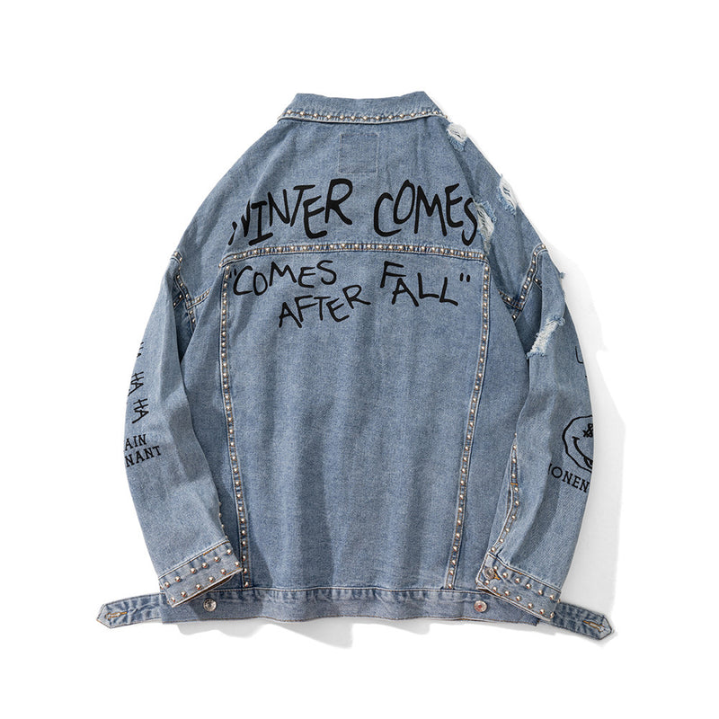 Men Denim Coat Jean Jackets Letter Graffiti Beaded Ripped Denim Jacket Men Loose Lapels Denim Clothes Jacket