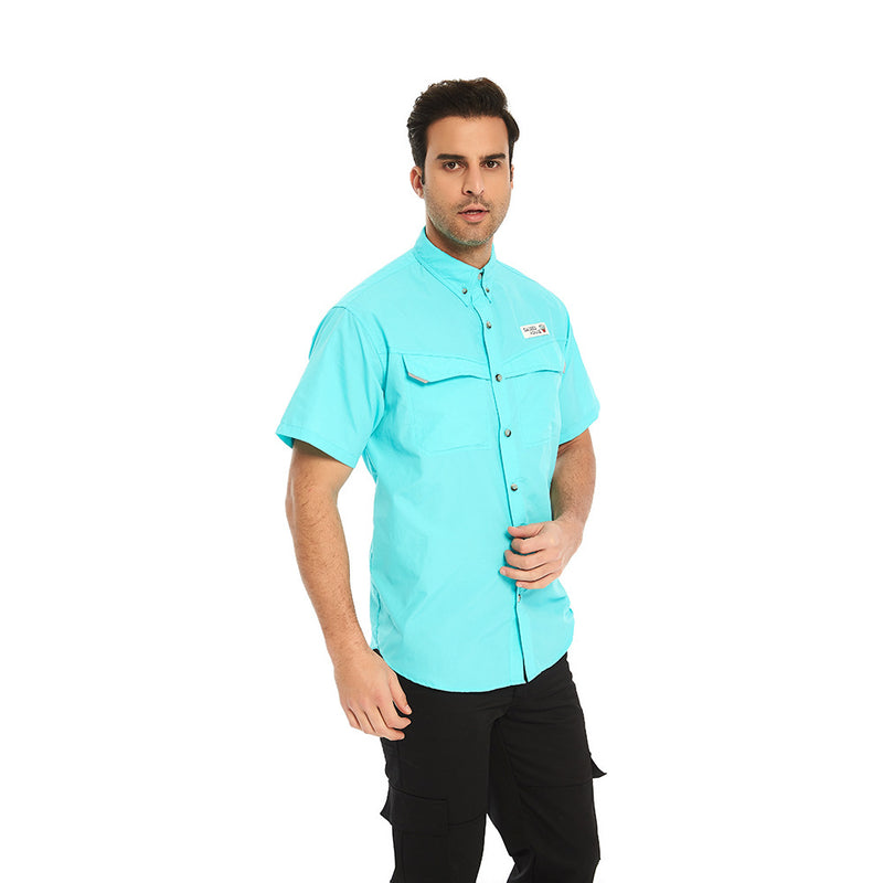 Men Habit Shirts Blue Pocket Decorative Lapel Casual Short Sleeve Solid Color
