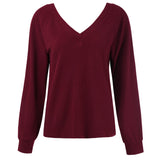 Women Fall/Winter Color V-neck Top Sexy Backless Pullover T-shirt for Women