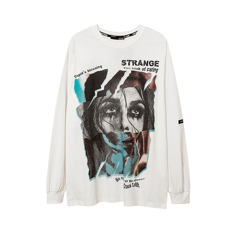 Mens Fall Outfits Autumn Portrait Graffiti Printing Long Sleeve T-shirt Men Oversize