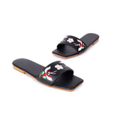 Flat Dress Sandals Large Size Embroidered Flower Cutout Square Toe Sandals
