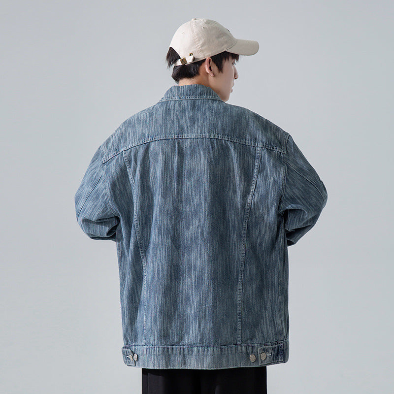 Denim Varsity Jacket Men's Denim Jacket Autumn Leisure Washed Coat
