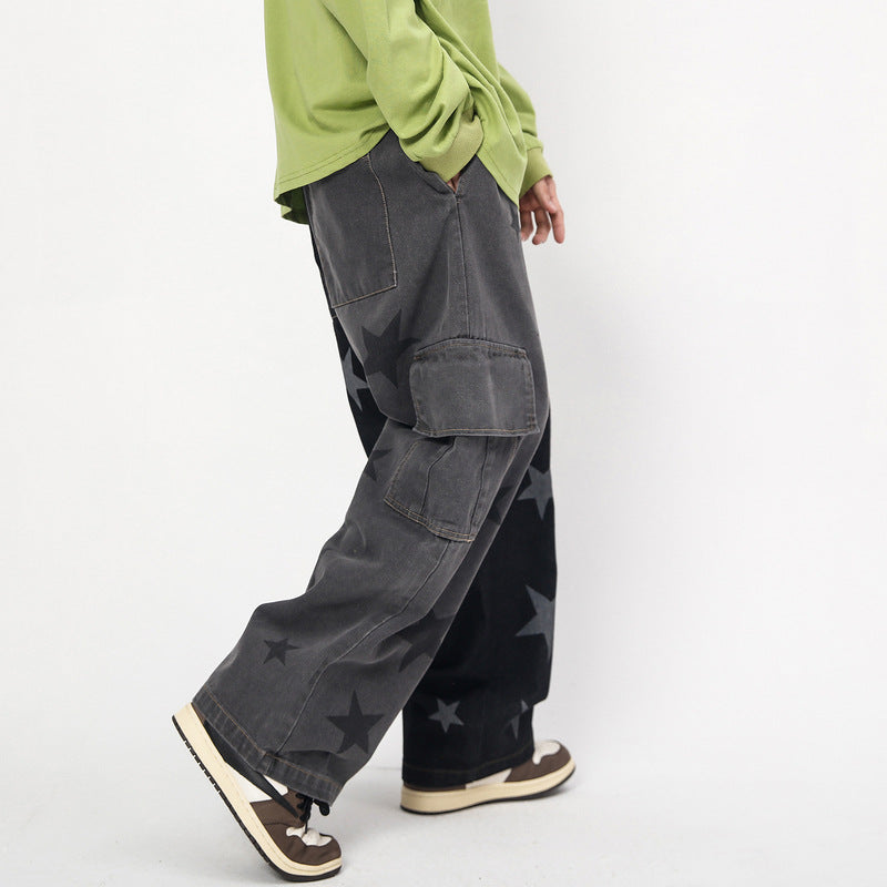 Mens Fall Outfits Five-Pointed Star Multicolor Printing Washed Jeans Straight Wide-Leg Pants