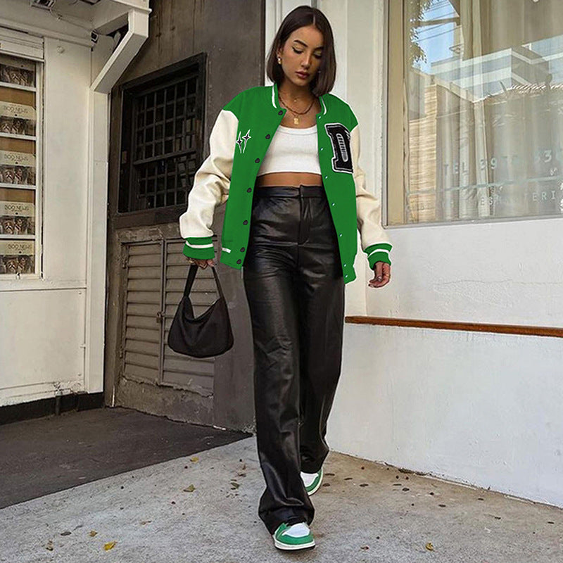 Green Varsity Jacket Color Matching Printed Leather Sleeve Baseball Uniform Jacket