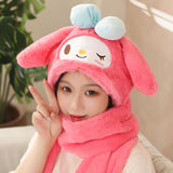 My Melody Hat Cartoon Autumn and Winter Hooded Scarf Gloves Female Cute Melody Fashionable Warm Scarf and Hat One  Kulomi
