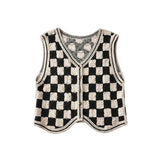 90S Outfits French Style V-neck Single-Breasted Sleeveless Top Women's Retro Black and White Mixed Colors Checkerboard Plaid Vest Women's