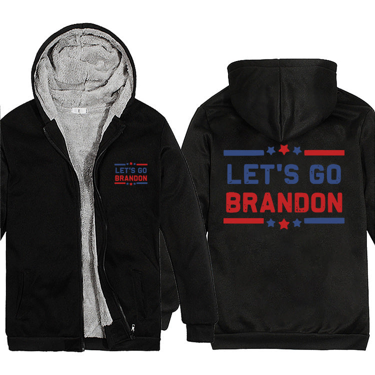 Let's Go Brandon Hoodie English Letters Fashion Velvet Padded Thick Hooded Zipper Top
