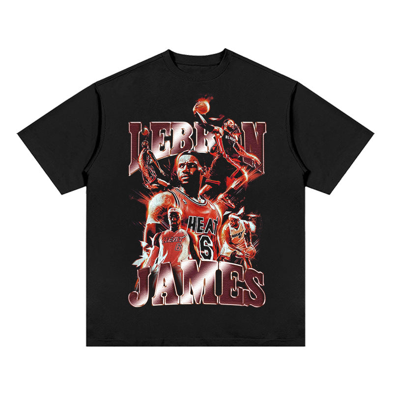 LeBron James Shirt LeBron James Printed Short-Sleeved T-shirt Heavy round Neck Small Neckline Vintage
