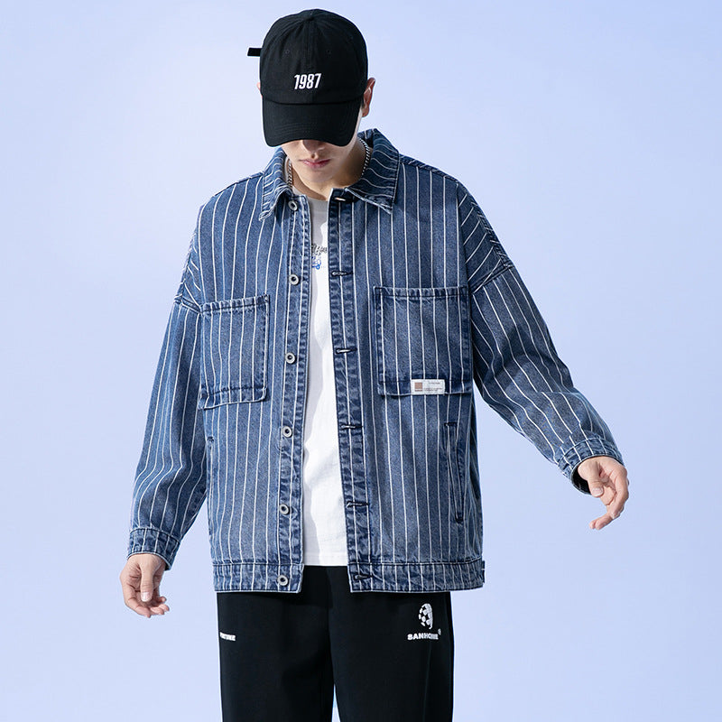Denim Varsity Jacket Vintage Stripe Denim Jacket Men Oversize Baggy Casual Jacket