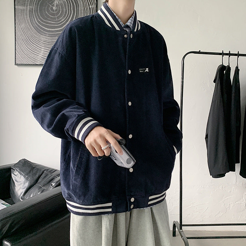 Corduroy Varsity Jacket Corduroy Baseball Uniform Coat Men's Spring and Autumn Embroidered Jacket Loose All-Matching Couple Top Clothes