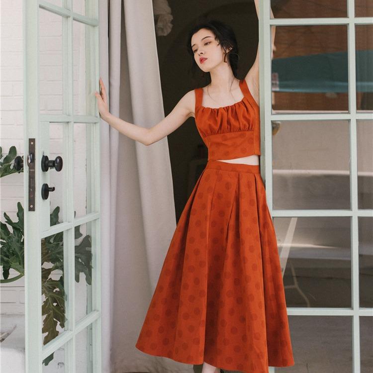 Women Retro Cottagecore Vintage Dress High Waist Orange Skirt Slimming Spaghetti Straps Sleeveless Two-Piece Set