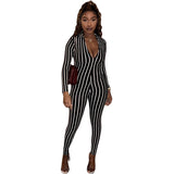 Autumn Striped Lapel Long Sleeve Sexy Tight Trousers Jumpsuit Women