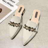 Finn Chain Pointed Toe Mule Closed Toe Half Slippers Women Summer Square Heel Pointed Toe Metal Chain Mules Shoes Women