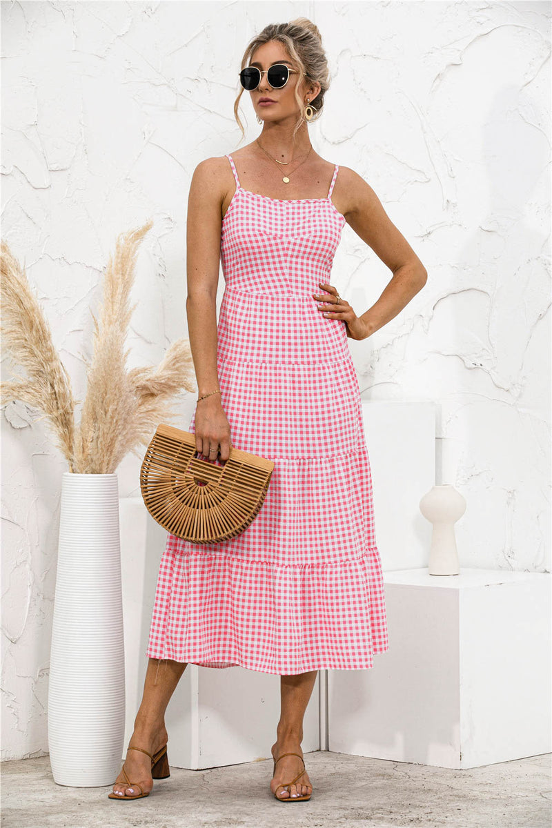 Gingham Dress Spring/Summer Strap Backless Lace-up Dress