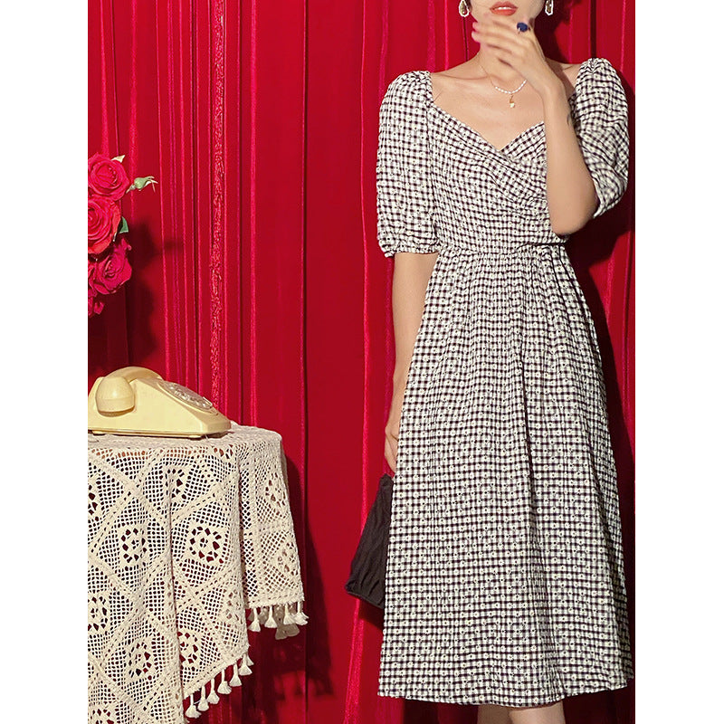 Gingham Dress Backless Dress Women's Summer High Waist Short Sleeve Dress