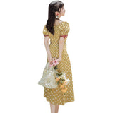 Women Retro Cottagecore Vintage Dress Retro Light Yellow Polka Dot Corsetv Collar Short Sleeve Mid-Length Dress Summer