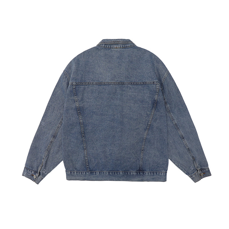 Men Denim Coat Jean Jackets Embroidered Washed Do the Old Cowboy Coat Men's Loose Lapels Jacket Denim Jacket