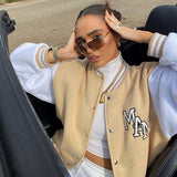 Khaki Cropped Varsity Jacket Autumn Single Breasted Stand Collar Embroidery Loose Casual Baseball Uniform