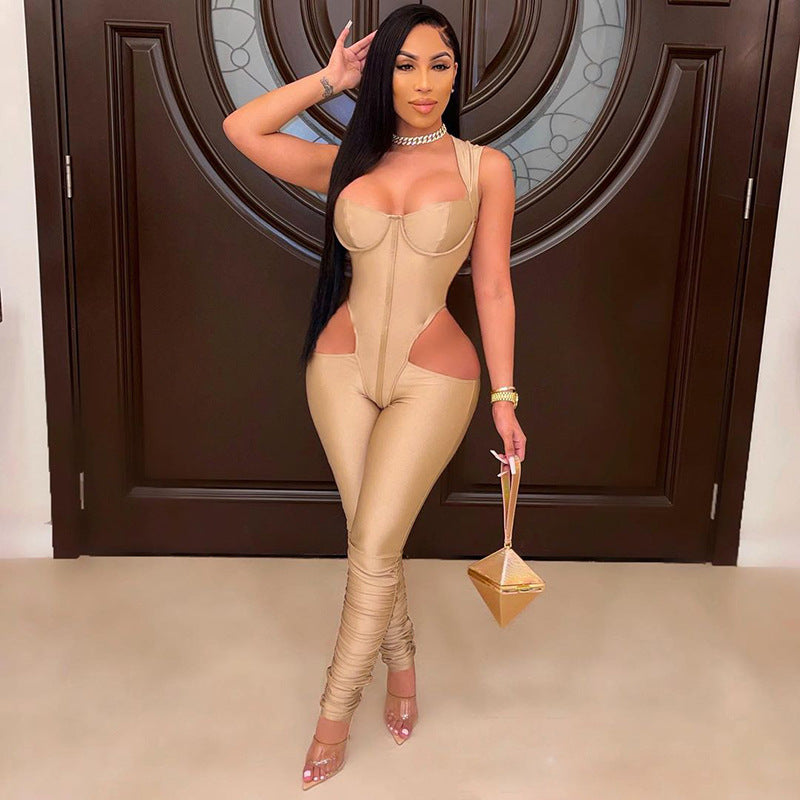 Summer Solid Color Stitching Sleeveless Sexy Tight Trousers Jumpsuit