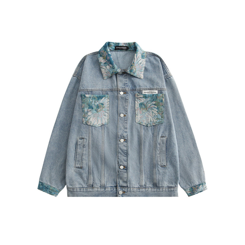 Men Denim Coat Jean Jackets Oil Painting Patchwork Denim Jacket Men Loose Lapels Jacket Denim Coat